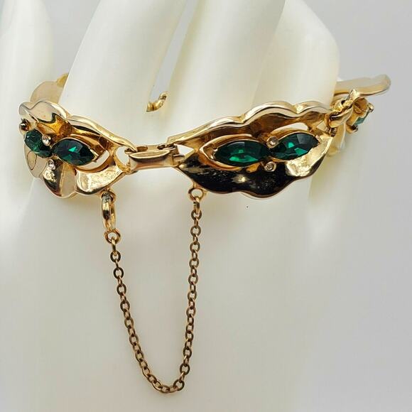 Coro Green Rhinestone Bracelet Gold Vermeil Vintage 40s Oval Link 7" L Corocraft - Picture 4 of 12